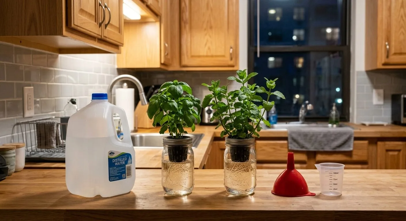 Gallon jug of distilled water next to two Kratky mason jar hydroponic setups with green herbs on an apartment kitchen counter