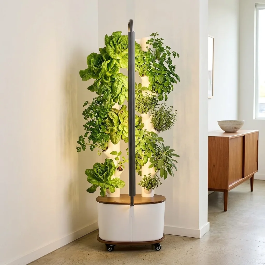 Gardyn Studio 2 vertical indoor garden tower in an apartment living room corner with 16 pods of herbs and greens