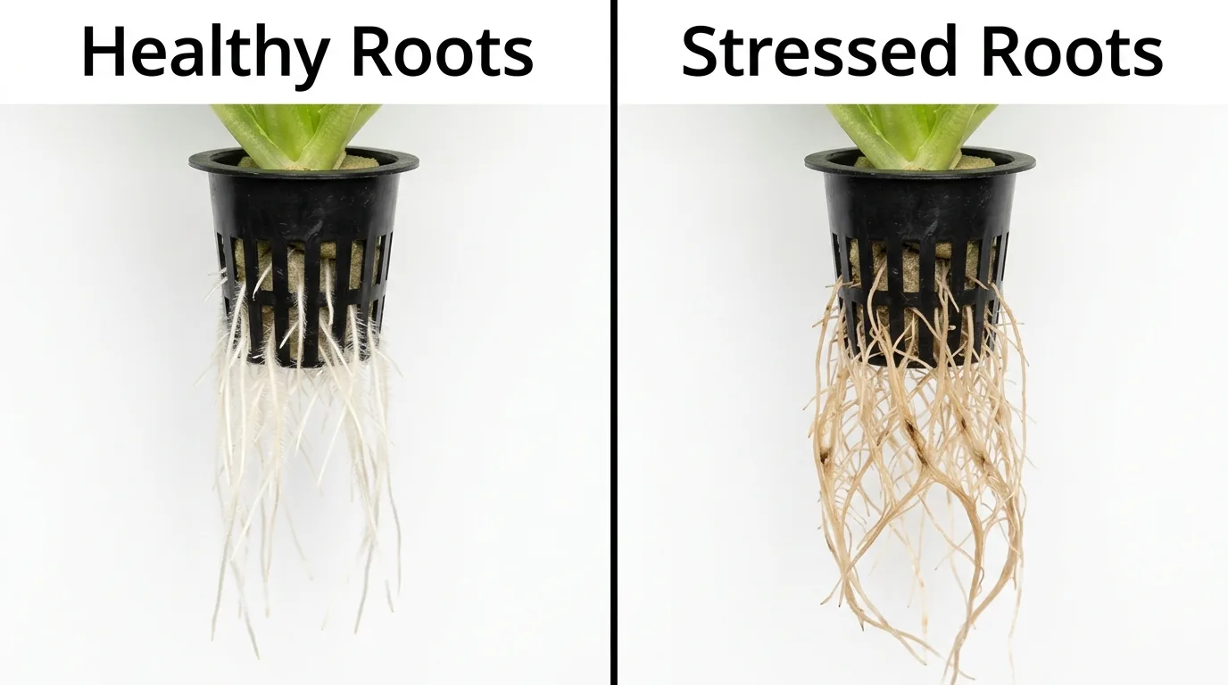 Healthy hydroponic roots vs roots stressed by spider mite damage