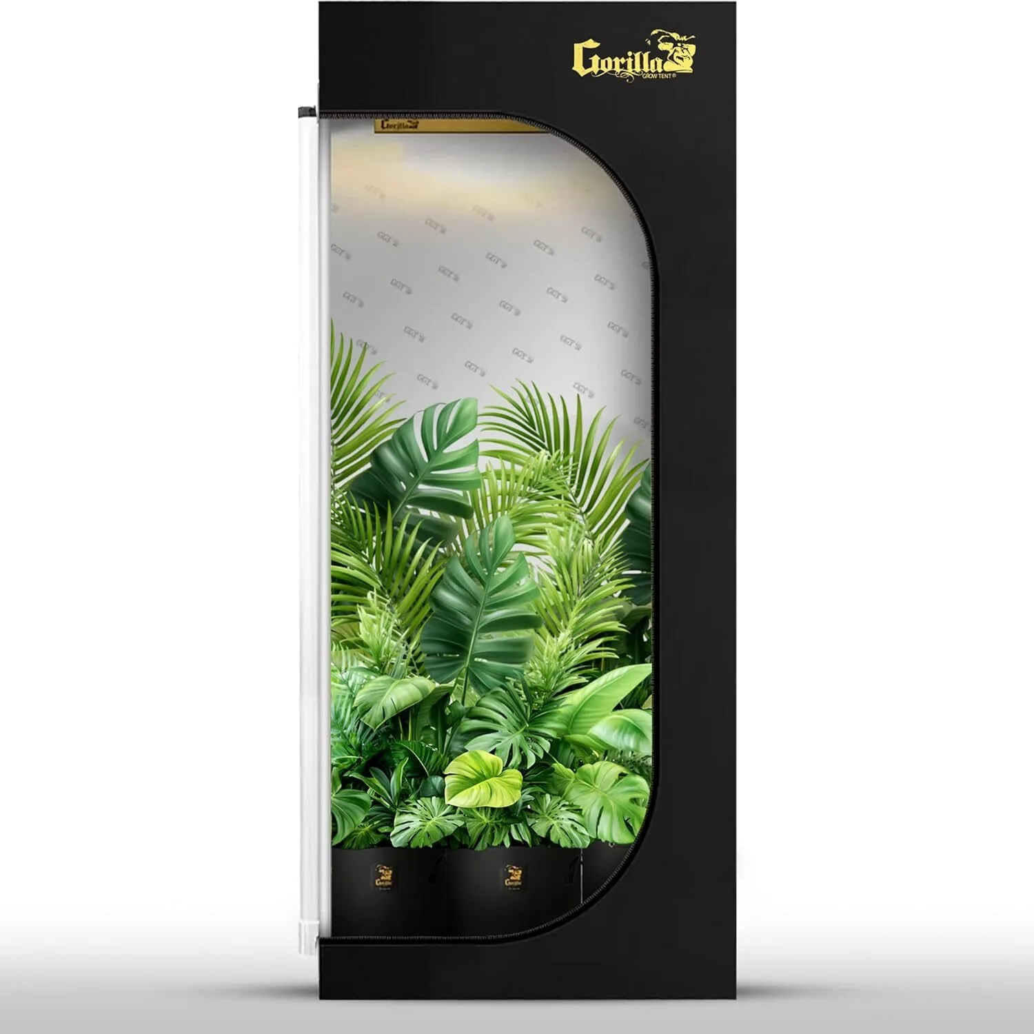 Gorilla Grow Tent 2x2.5 with open front panel showing lush green plants inside and the tall 76-inch 1680D high density canvas frame
