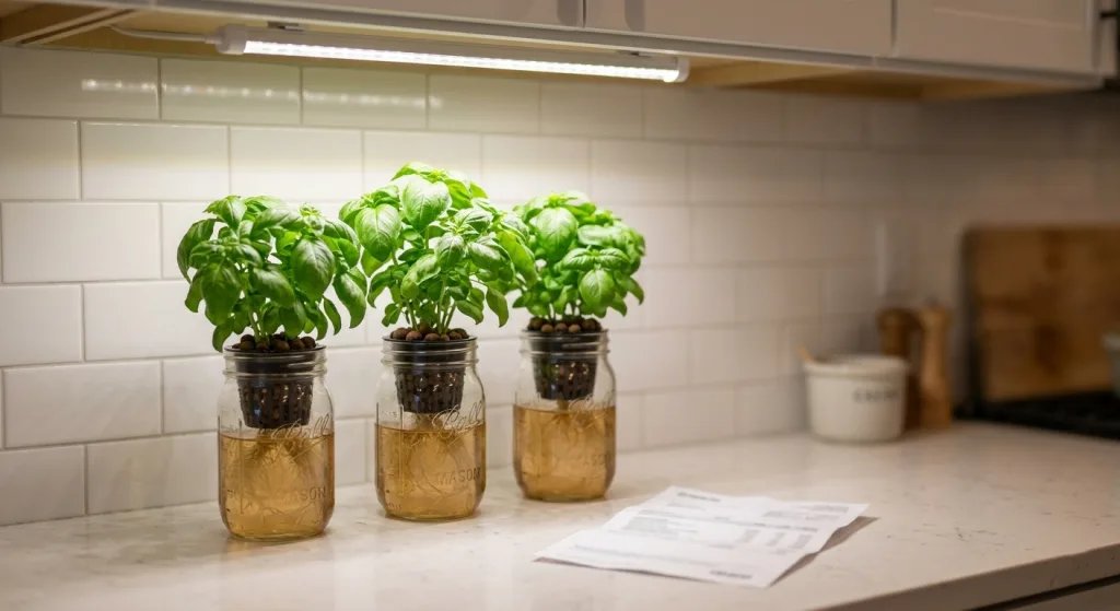 A slim 24-watt LED grow light bar illuminating three Kratky mason jars growing basil on a white kitchen counter, with a blurred utility bill visible nearby