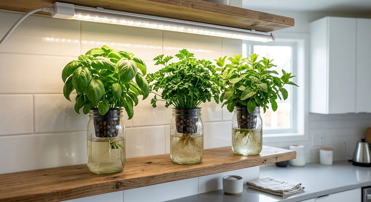 Lush apartment hydroponic herb garden with basil, parsley and mint growing under a white full spectrum LED grow light
