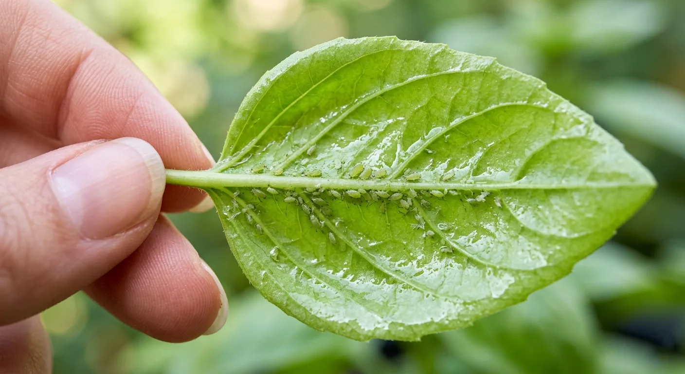Sticky honeydew residue on the underside of a basil leaf in a small hydroponic system