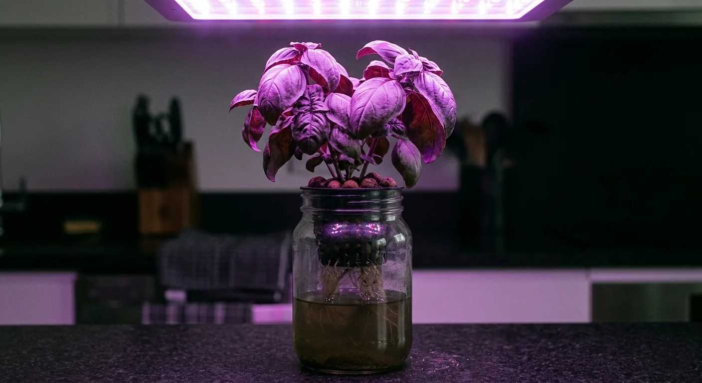 Hydroponic basil plants under a red blue blurple grow light where yellowing leaves are hidden by the purple color distortion