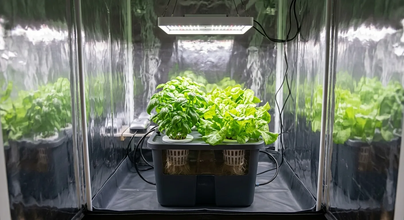Interior view of a small 2x2 grow tent showing healthy green basil and lettuce growing in a hydroponic reservoir under a white full-spectrum LED panel