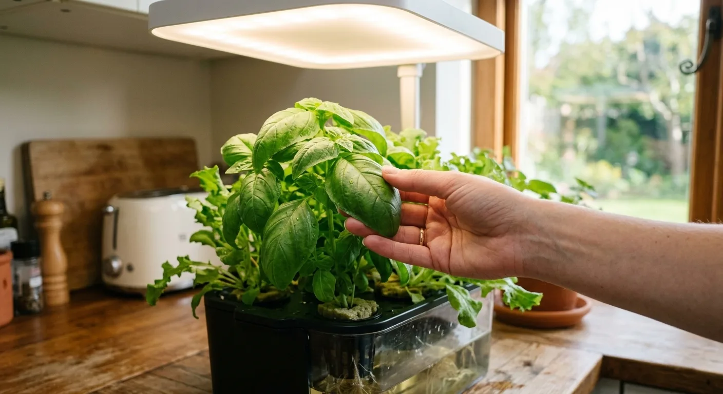 Hand inspecting a hydroponic basil leaf under a white full spectrum LED grow light in an apartment kitchen
