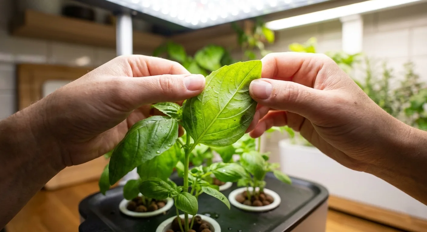 A person's hand gently turning over a basil leaf under bright white full-spectrum LED grow light to check the underside for signs of spider mites or aphids