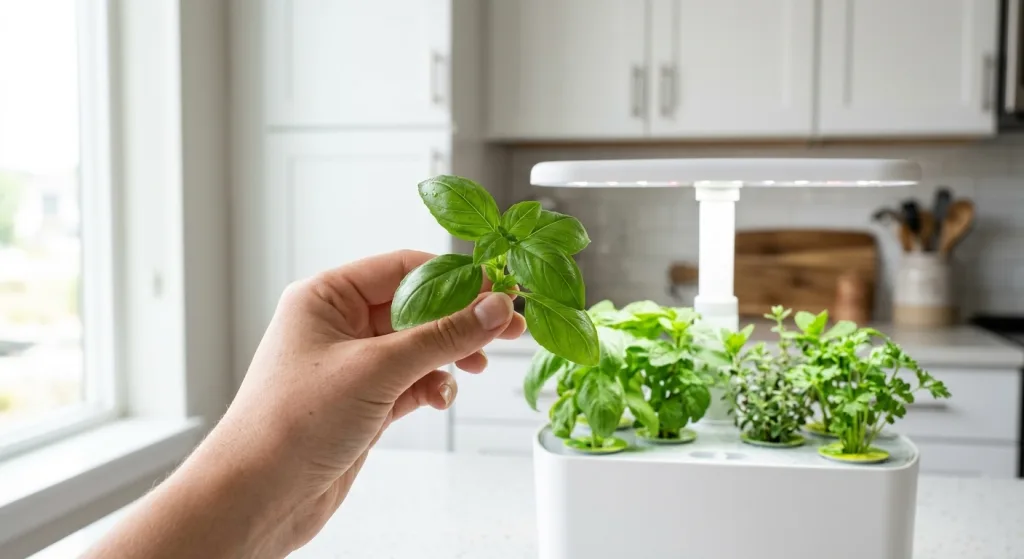 Harvesting fresh basil from an AeroGarden Harvest Lite on a kitchen counter