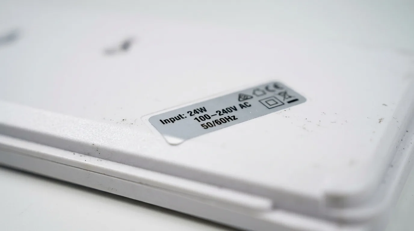 Close-up macro photo of the back of an LED grow light panel showing the input power sticker reading 24W, used to find the true electricity draw wattage