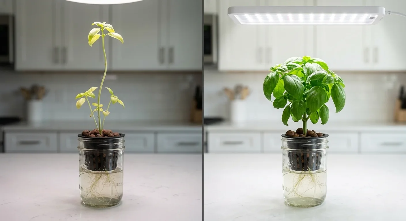 Comparison of a leggy stretched hydroponic basil seedling under weak light versus a healthy compact seedling under a proper full spectrum grow light