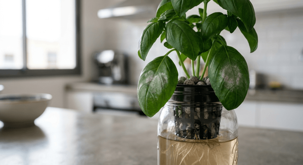 White powdery mildew spots on hydroponic basil leaves growing in a kitchen mason jar