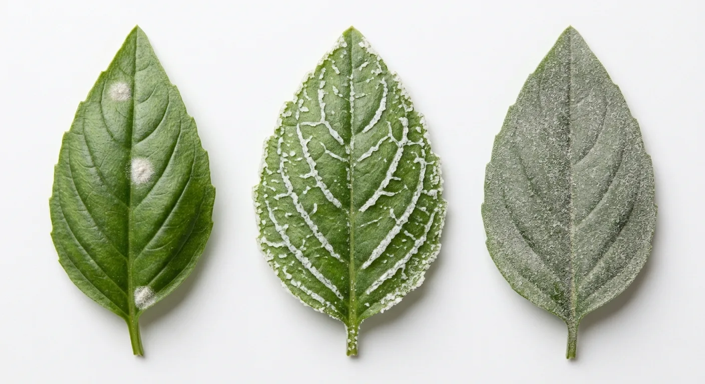 Three basil leaves side by side showing powdery mildew, salt edema deposits, and household dust