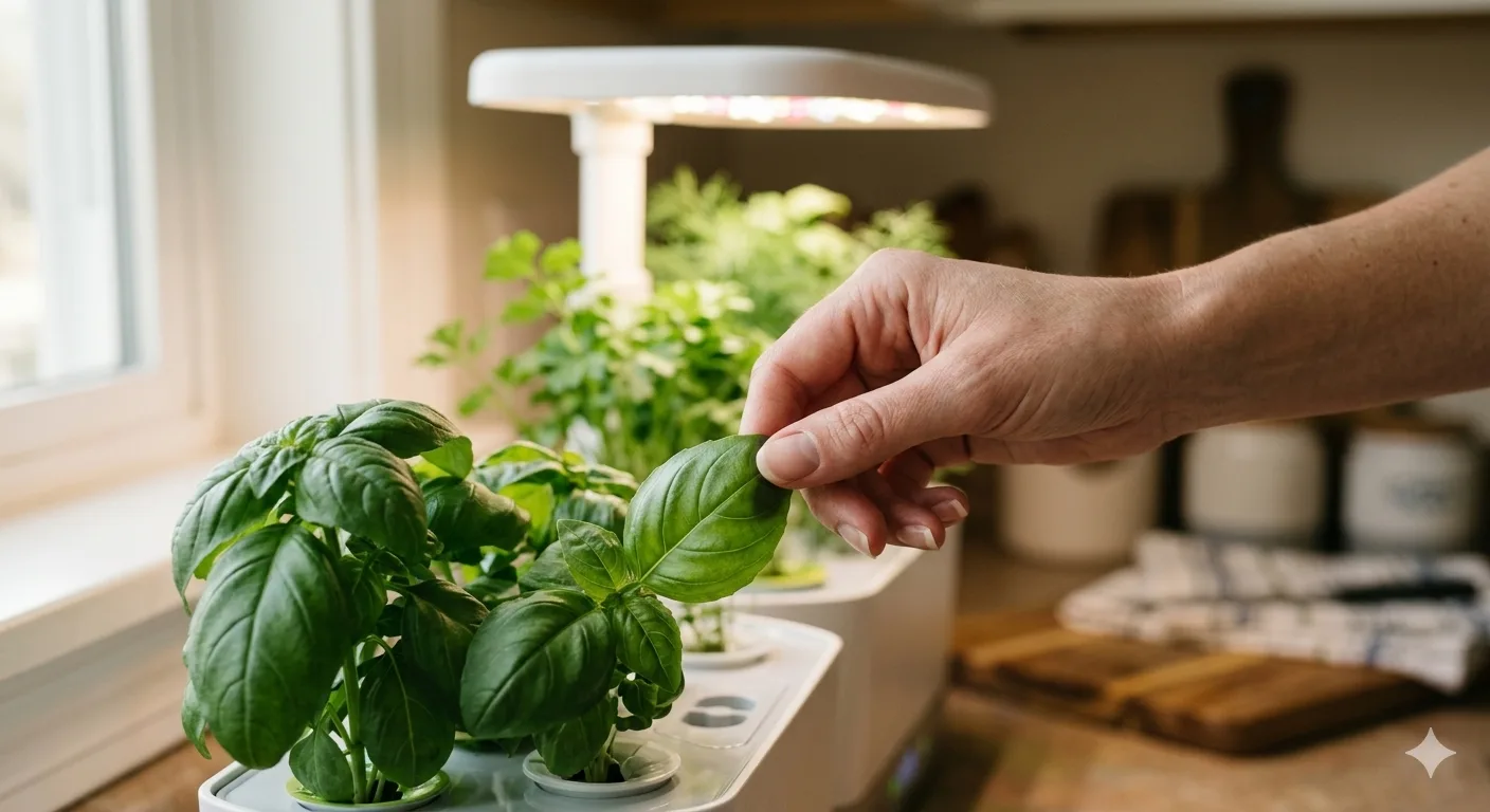 Hand gently touching fresh basil leaf growing in an AeroGarden countertop garden