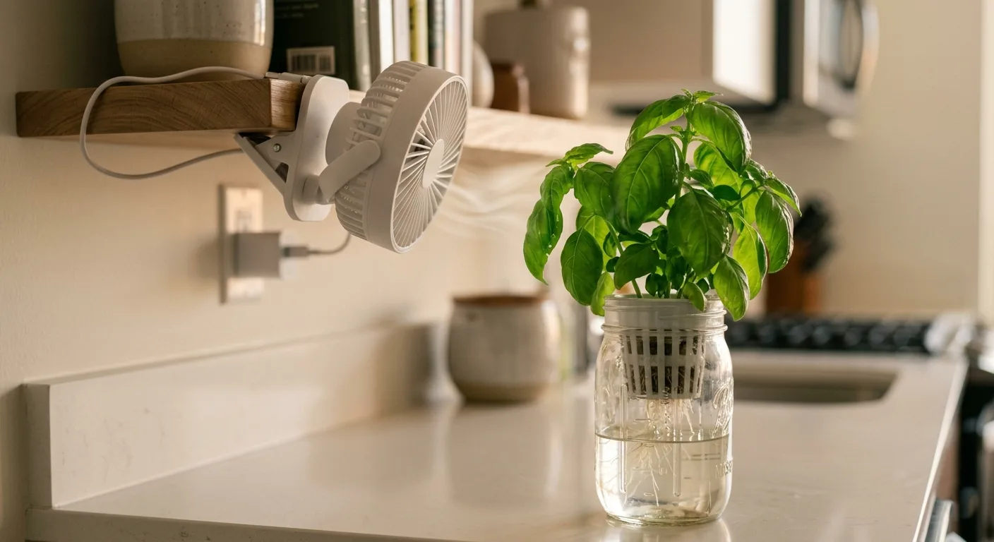 Small white clip-on fan mounted on a shelf blowing air toward a Kratky mason jar basil setup to prevent spider mites through airflow