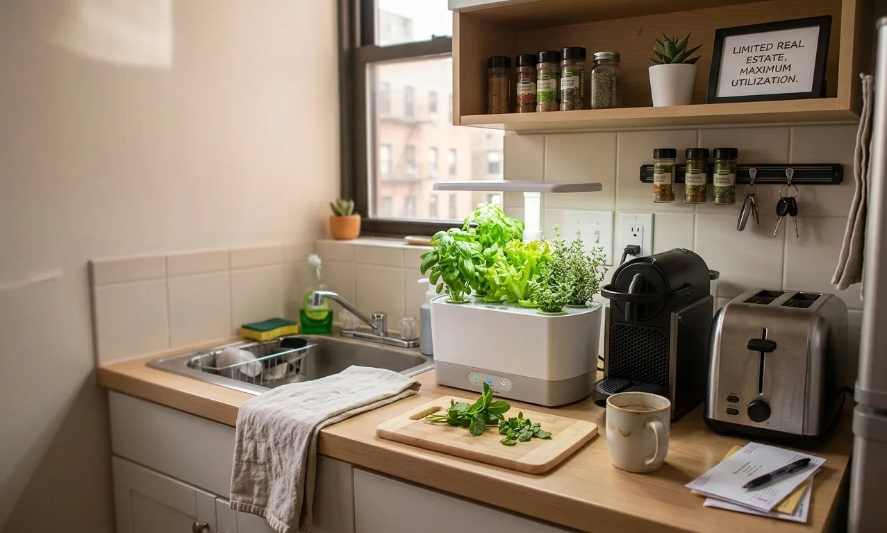 Compact smart garden sitting on a small apartment kitchen counter next to a toaster and coffee maker, showing how little space a countertop hydroponic system needs