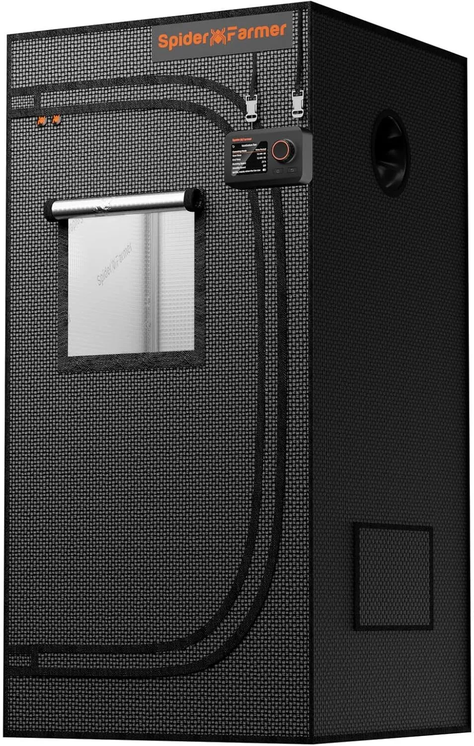 Spider Farmer 2x2 grow tent showing 1680D Oxford canvas, observation window, and side duct port for apartment hydroponic setups