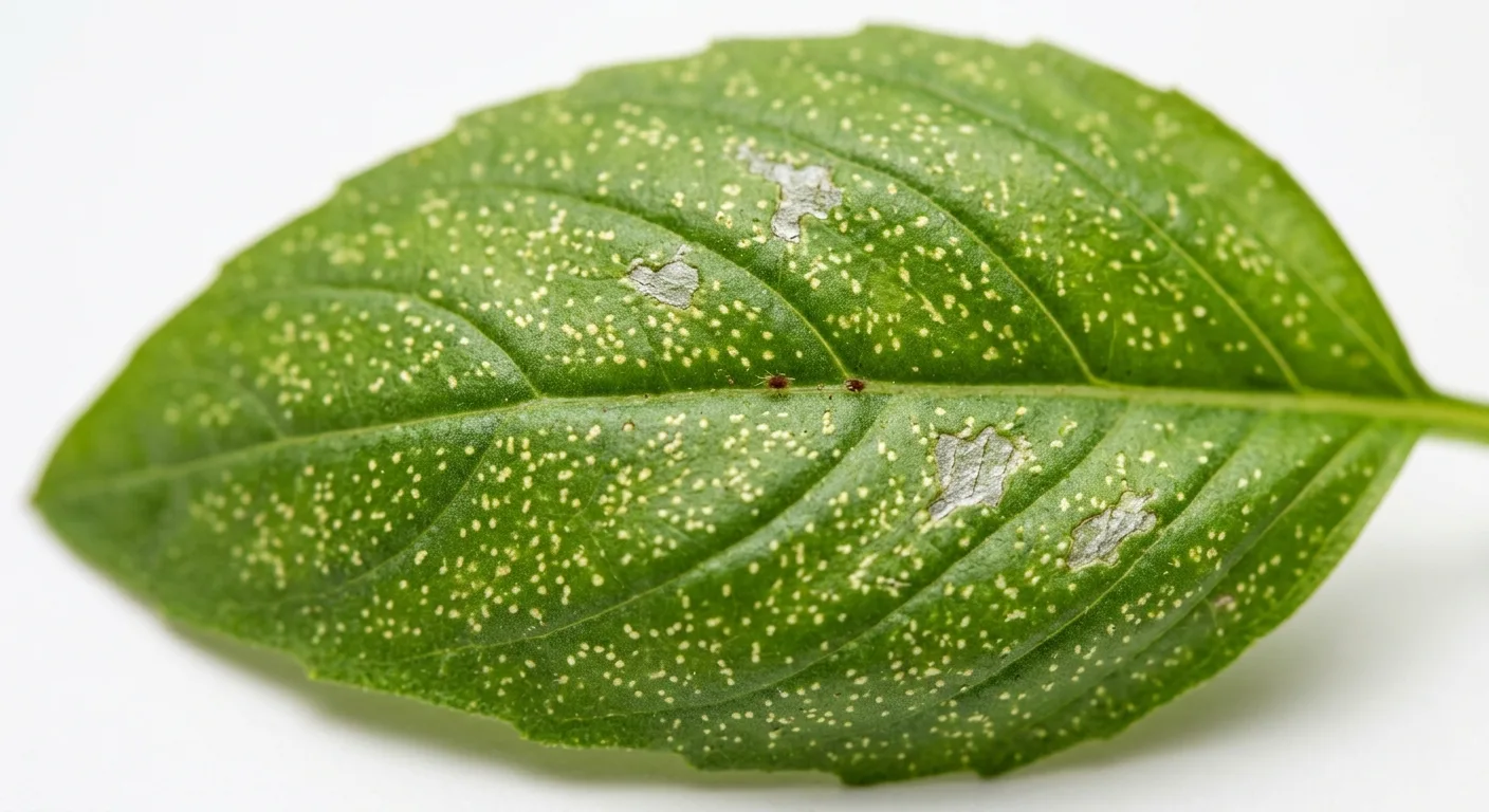Close-up of stippling damage on a green basil leaf showing dozens of tiny yellow-white speckles caused by spider mite feeding