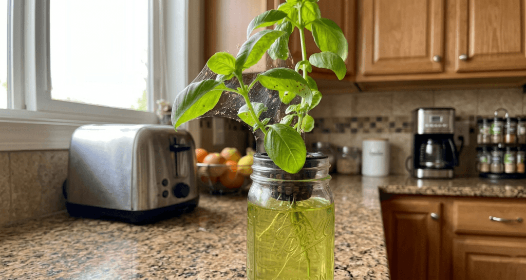 Fine spider mite webbing draped between basil stems in a Kratky mason jar hydroponic setup on a kitchen counter