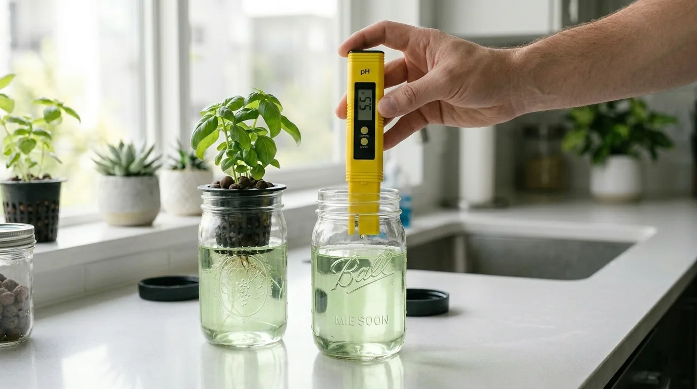 Digital pH meter pen testing the nutrient water in a hydroponic basil mason jar