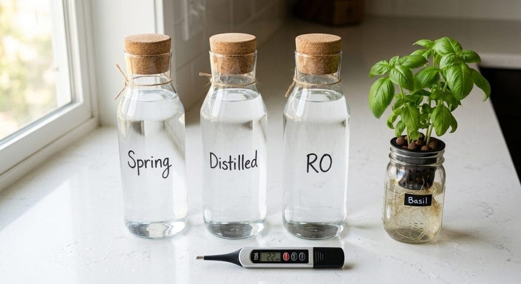 Three glass jugs of spring, distilled, and RO water beside a Kratky basil jar on a kitchen counter