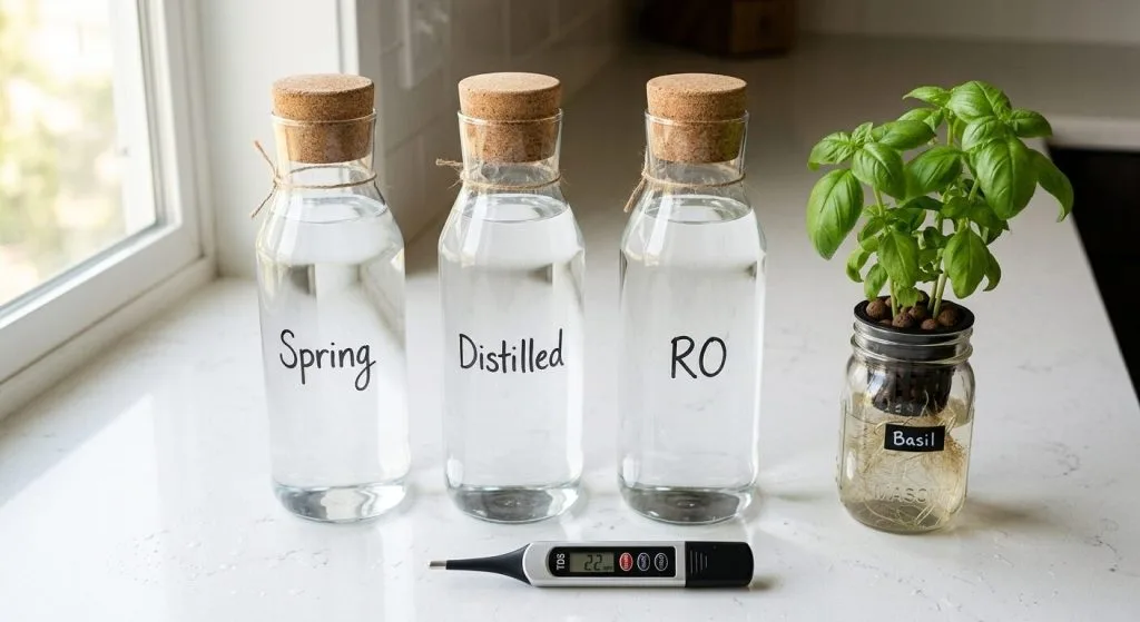 Three glass jugs of spring, distilled, and RO water beside a Kratky basil jar on a kitchen counter