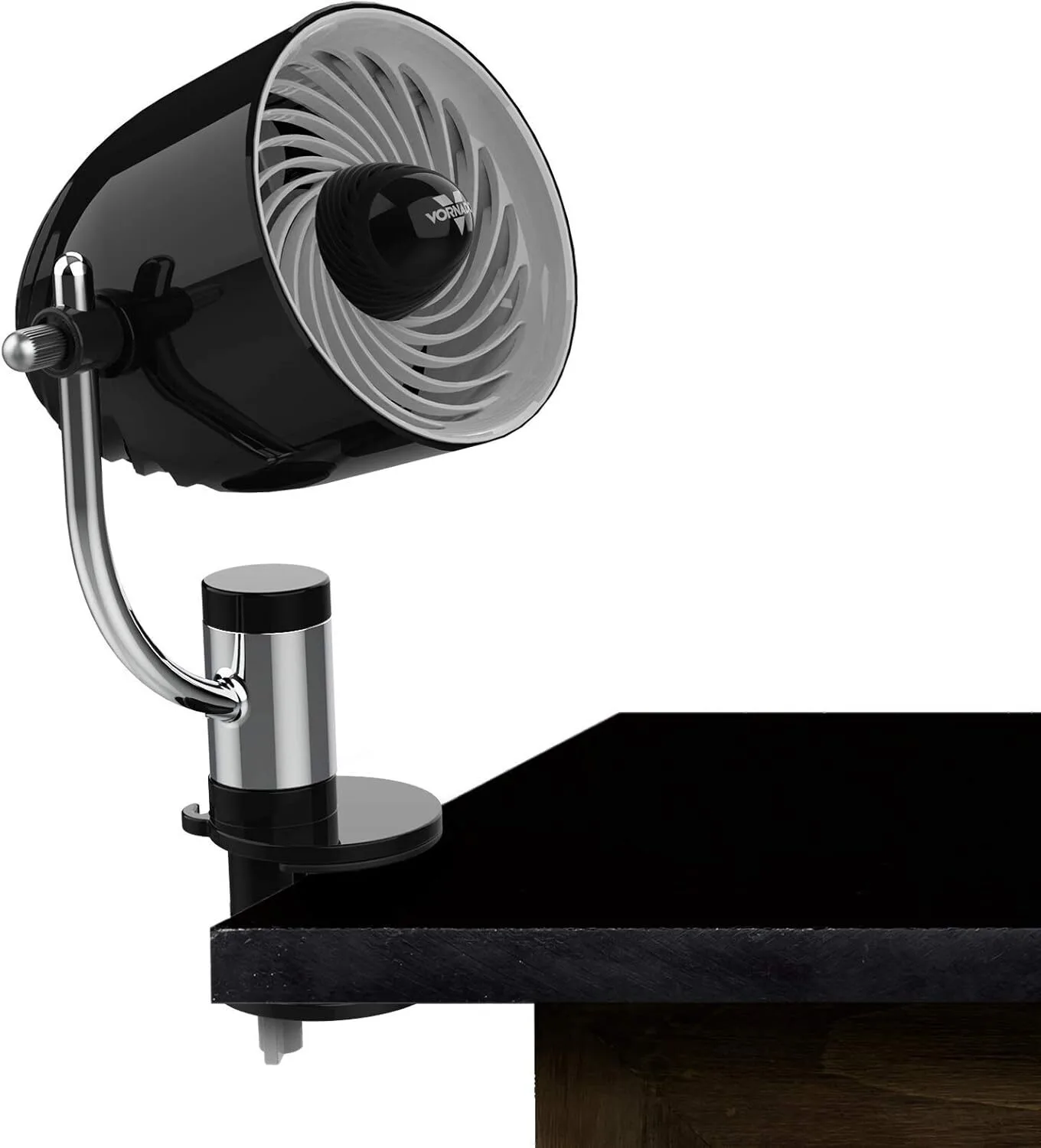 Vornado Pivot Clip compact fan clamped to a shelf for hydroponics air circulation