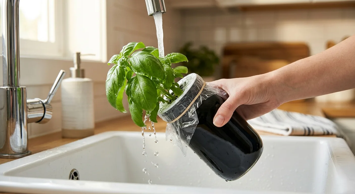 Feminine hand tilting a Kratky jar over a kitchen sink to wash aphids off hydroponic basil

