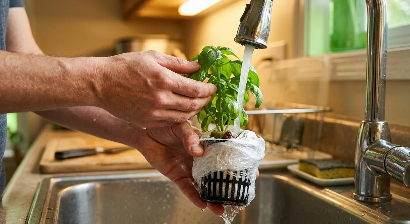 Hands rinsing a hydroponic herb plant under a kitchen faucet with the stem wrapped in plastic wrap to protect the roots from water contamination