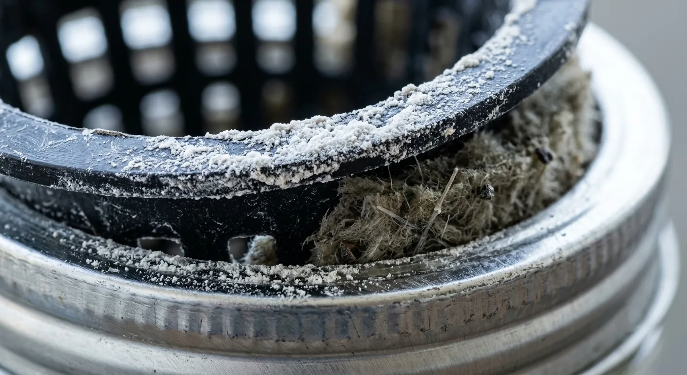 Close-up of white powdery mineral crust along the edge of a black hydroponic net cup caused by hard tap water evaporation