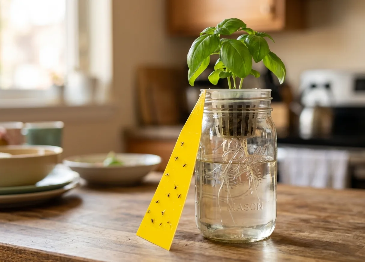 Yellow sticky trap mounted on a stake next to a Kratky mason jar, with fungus gnats caught on the surface