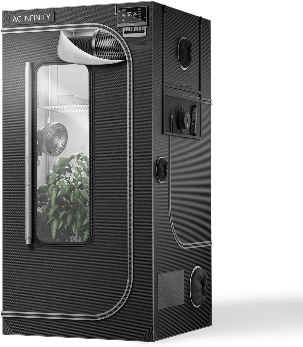 AC Infinity CLOUDLAB 422 2x2 grow tent showing 2000D mylar interior, SBS zippers, and three rows of duct ports for apartment hydroponics