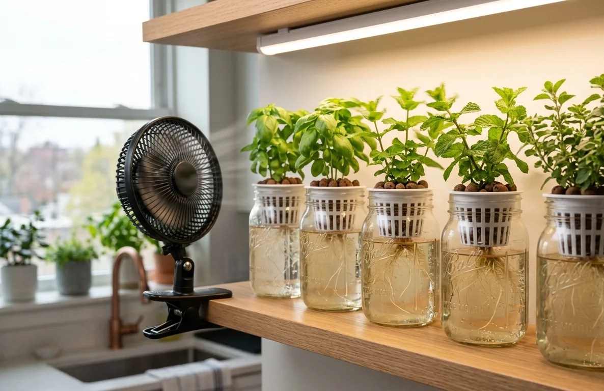 Small clip-on fan providing gentle airflow to herb shelf