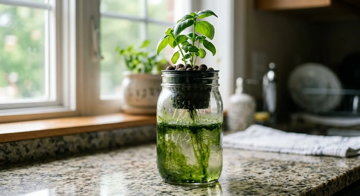 Green algae sludge coating the inside walls of a clear hydroponic jar
