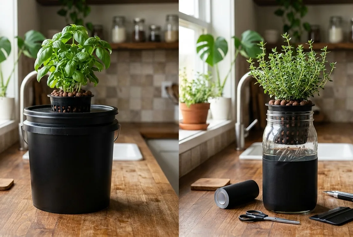 Side-by-side comparison of an opaque black hydroponic bucket and a clear glass jar
