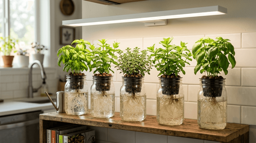 Basil and mint growing hydroponically under LED light on apartment shelf