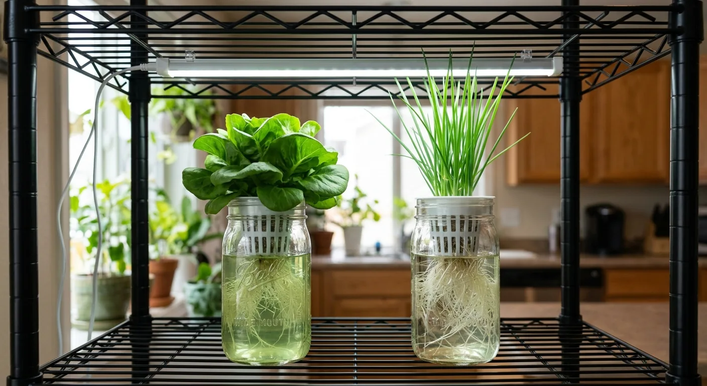 Lettuce and chives on the tighter bottom tier of a two tier grow shelf