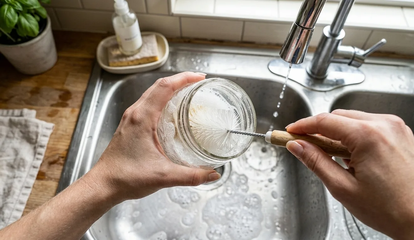 Scrubbing a hydroponic mason jar with a bottle brush during a reservoir reset