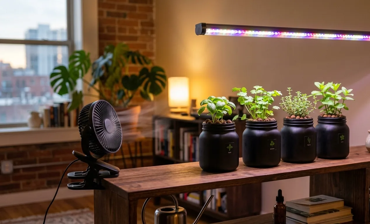 Small USB clip fan cooling hydroponic jars on an apartment shelf