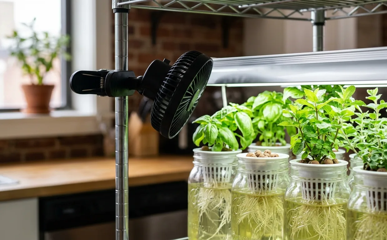 Clip-on fan blowing across the top of an LED grow light driver