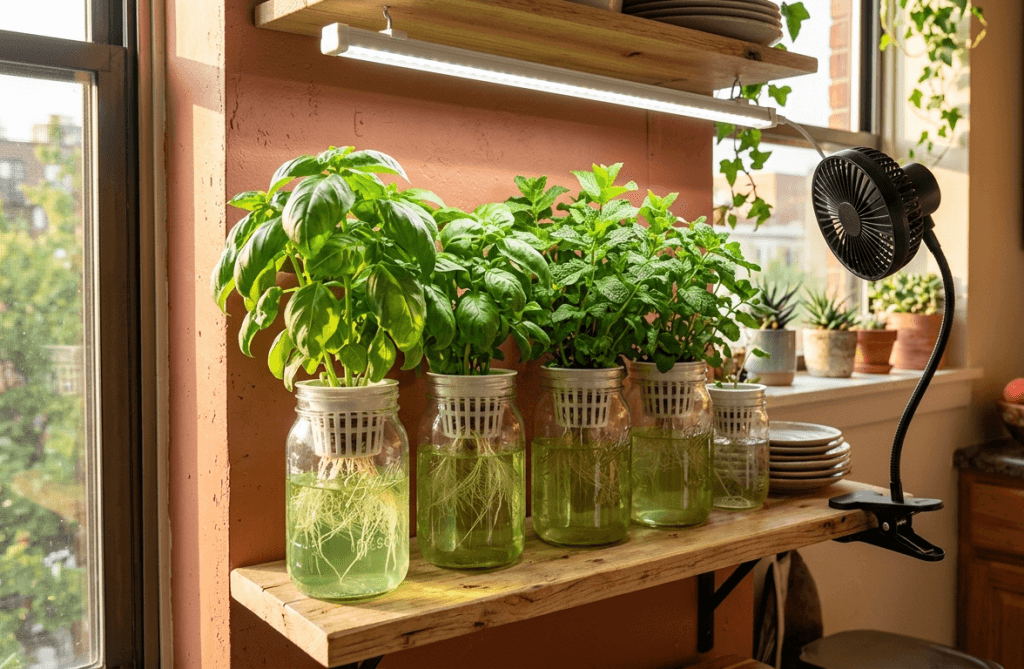 LED grow light above herbs on an apartment shelf with a small cooling fan