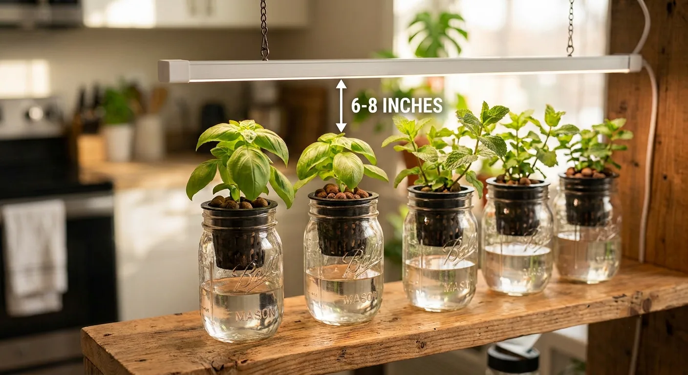 LED grow light hung 6 to 8 inches above basil in mason jars