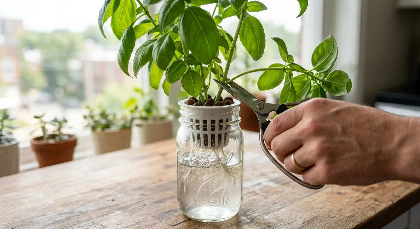 Pruning shears cutting basil stem above a leaf node