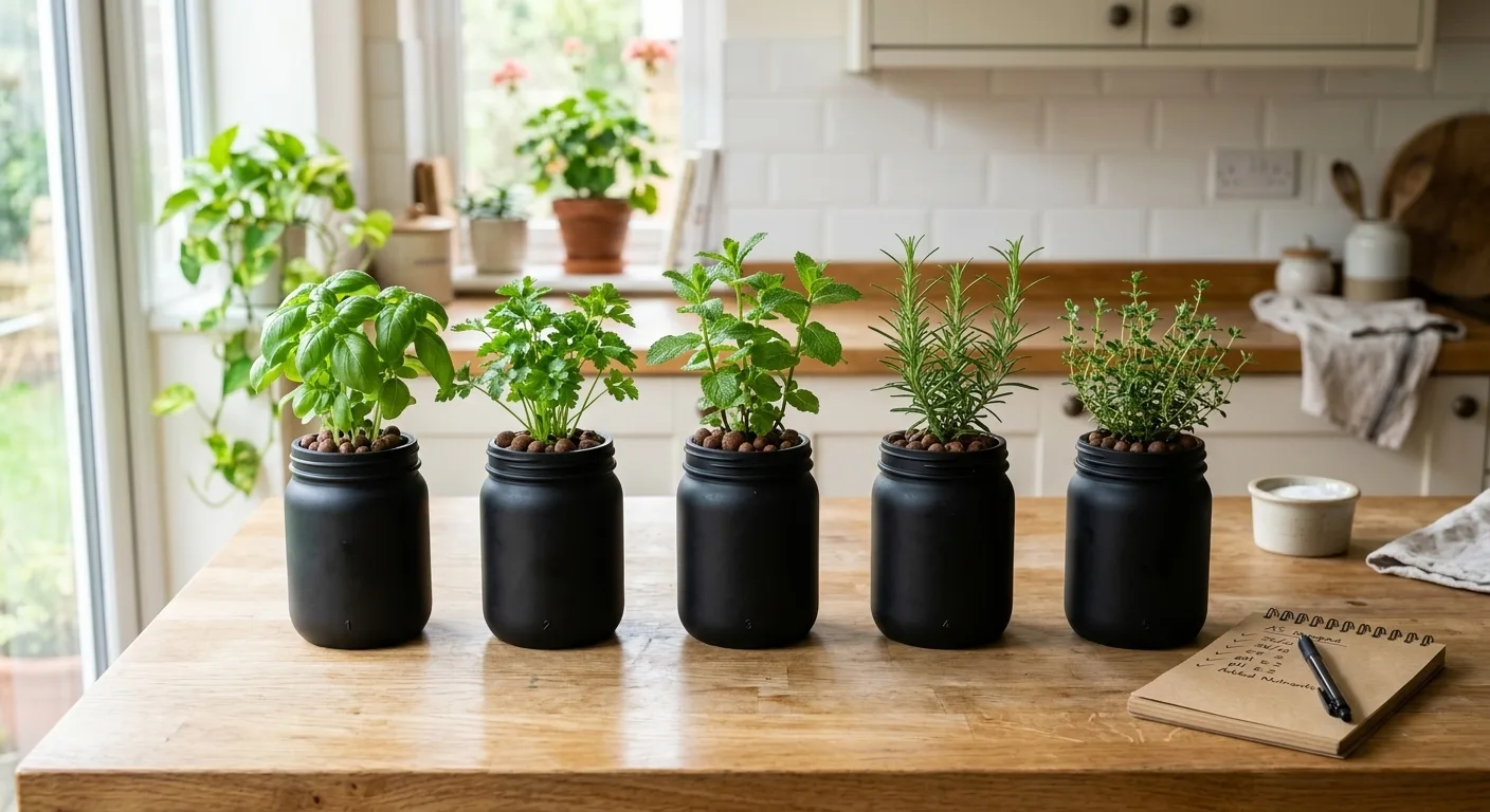 Row of labeled hydroponic jars ready for a weekly maintenance check