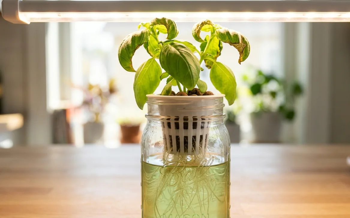 Basil leaves curling upward from heat stress under a grow light