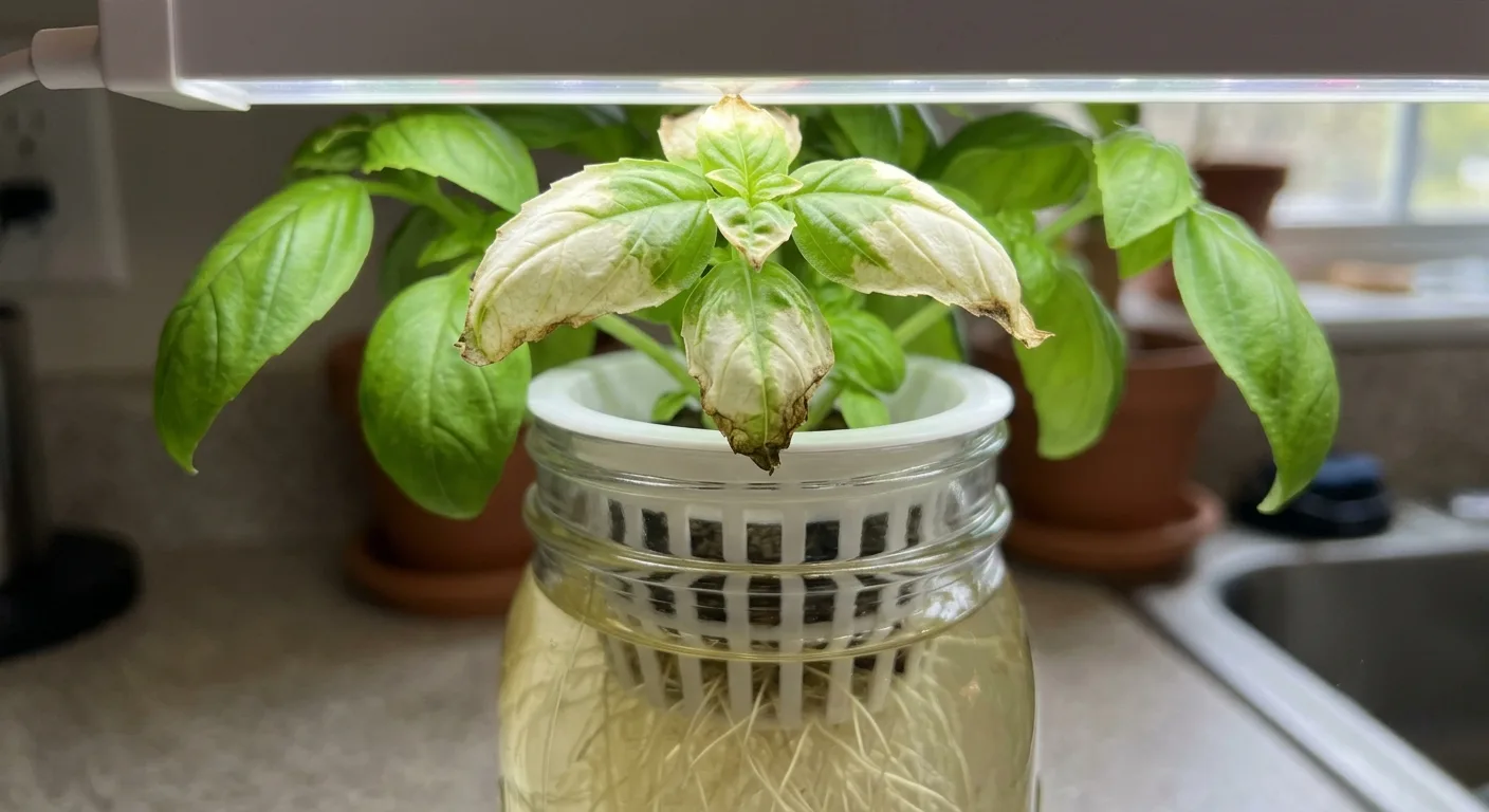 Bleached and crispy basil leaf tips from a grow light hung too close