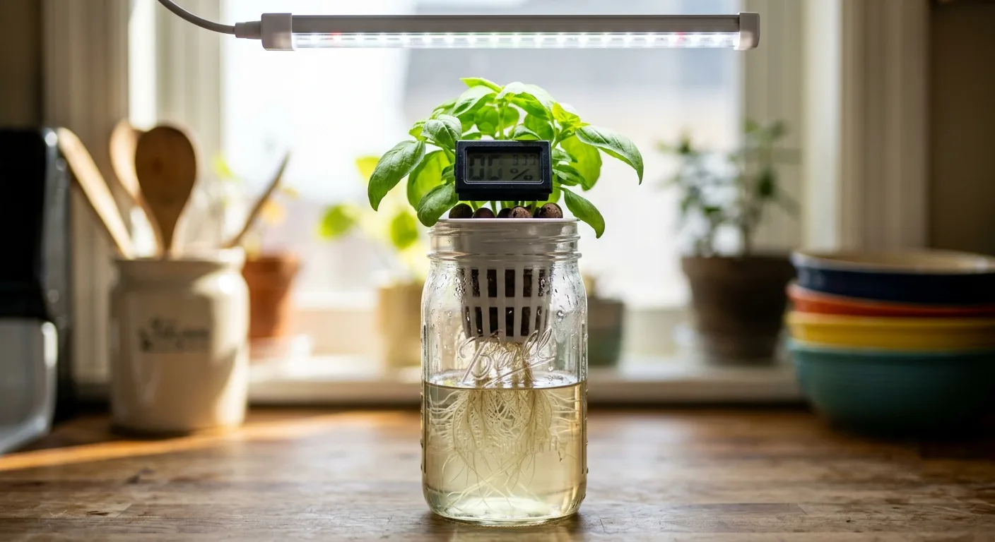 Digital thermometer measuring air temperature at the plant canopy under an LED