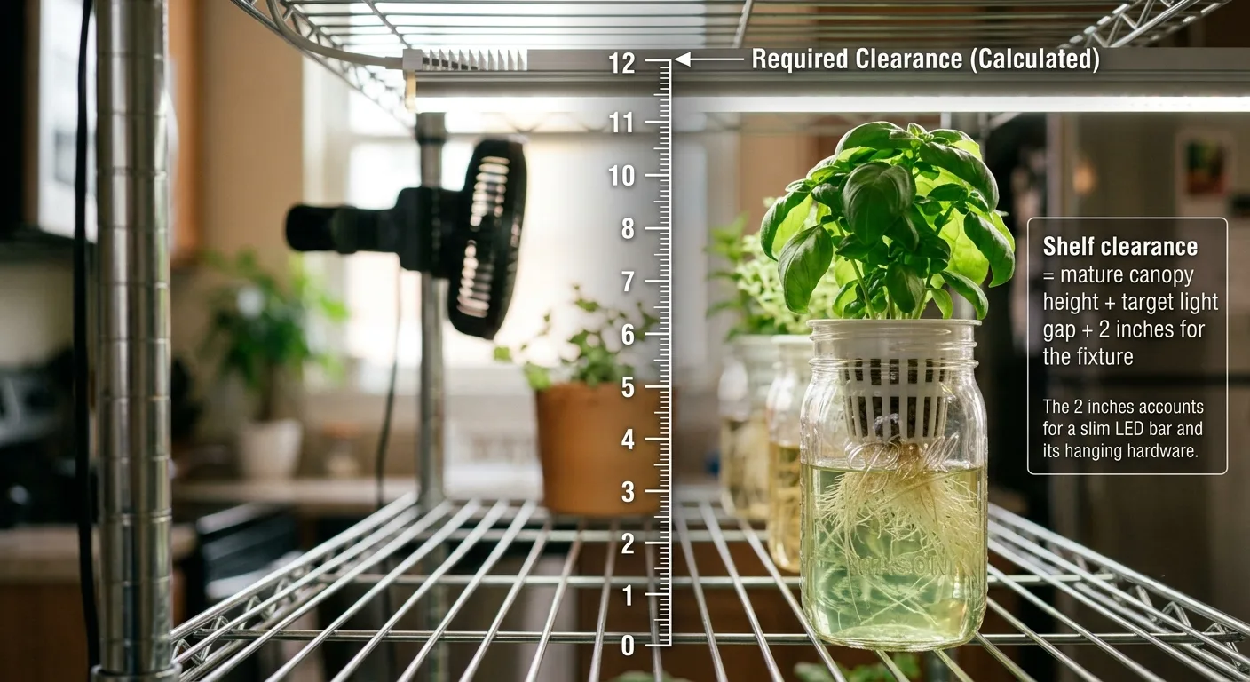 Tape measure showing vertical clearance between shelf deck and LED grow light