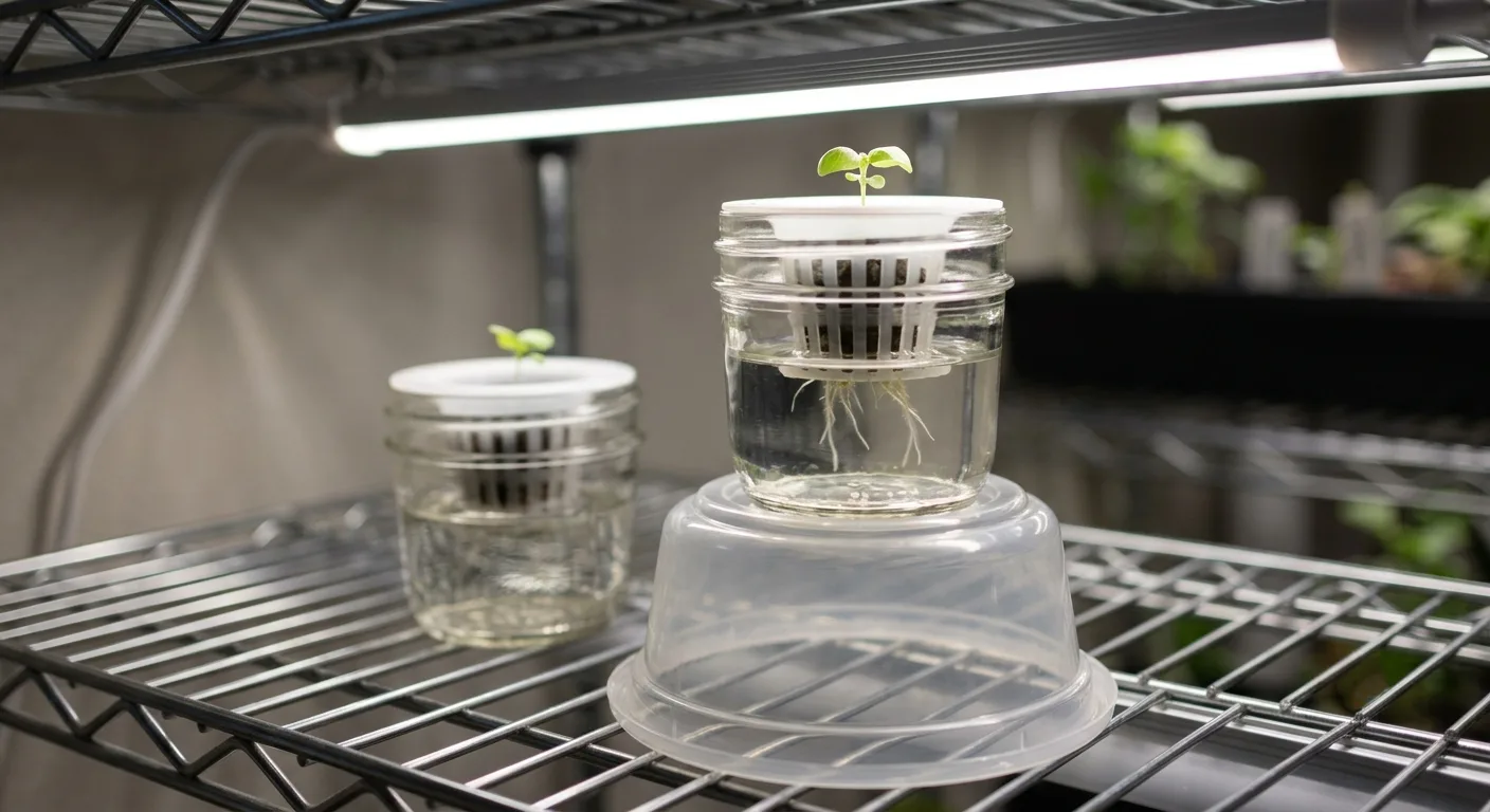 Seedling jar raised on an upside-down container to sit closer to the grow light