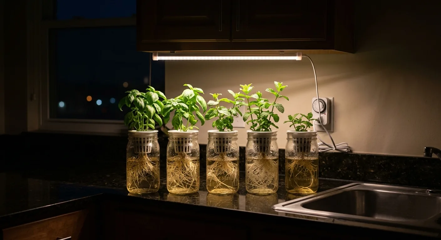 Grow light running at night over hydroponic herbs in a dark apartment