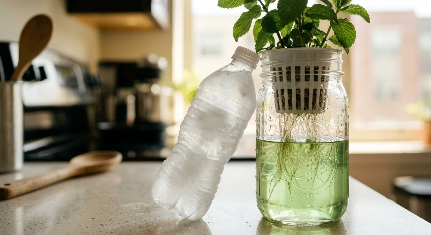 Frozen water bottle resting against a hydroponic mason jar to cool it